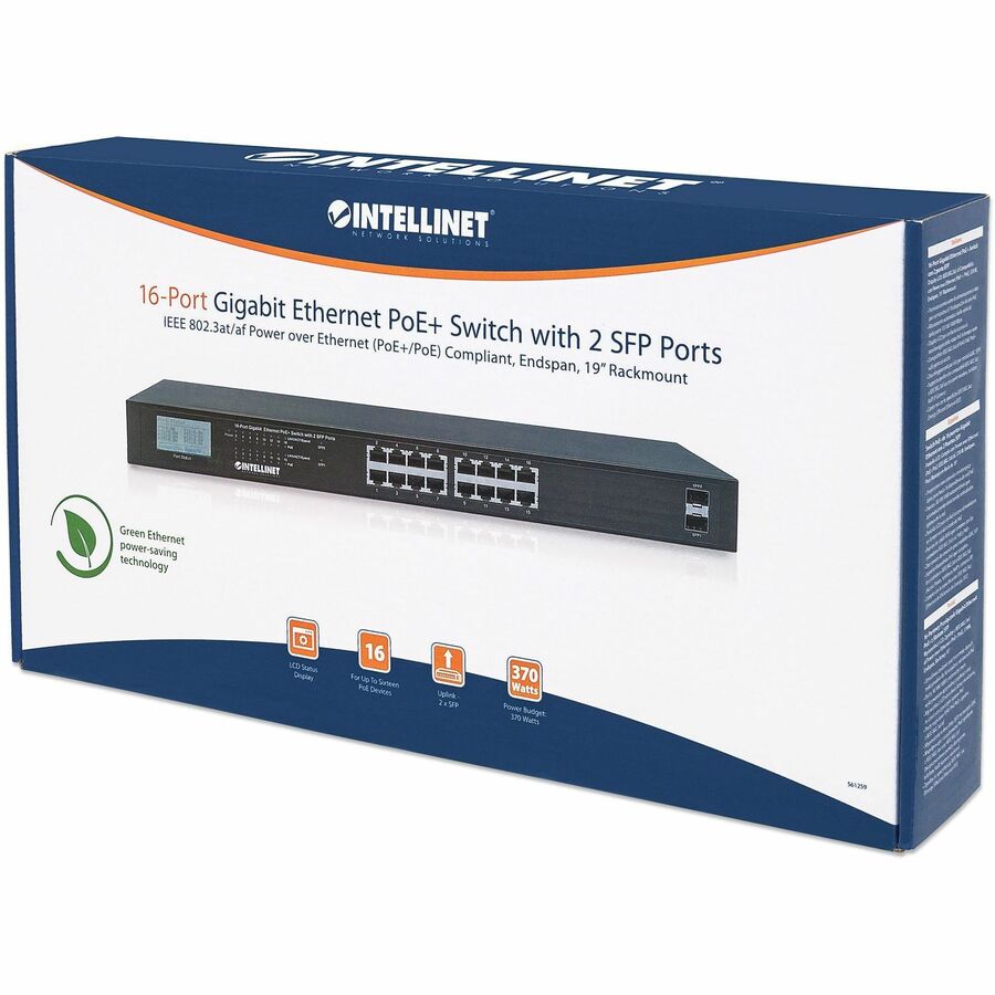 Intellinet 16-Port Gigabit Ethernet PoE+ Switch with 2 SFP Ports and LCD Screen