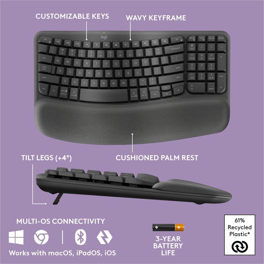 Logitech Wave Keys Wireless Ergonomic Keyboard with Cushioned Palm Rest, Comfortable Natural Typing, Graphite