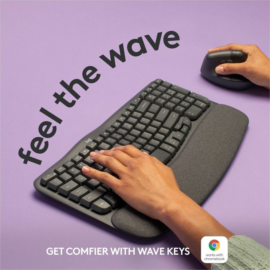Logitech Wave Keys Wireless Ergonomic Keyboard with Cushioned Palm Rest, Comfortable Natural Typing, Graphite