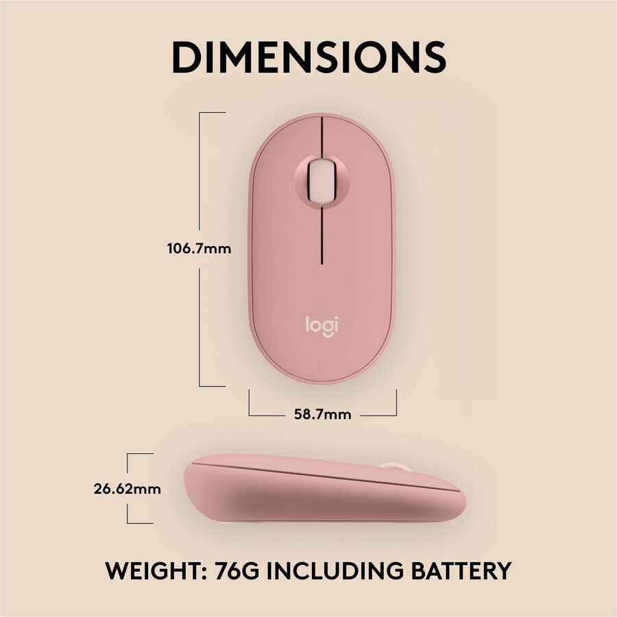 Logitech Pebble Mouse 2 M350s Slim Bluetooth Wireless Mouse, Portable, Customizable Button, Quiet Clicks, Tonal Rose