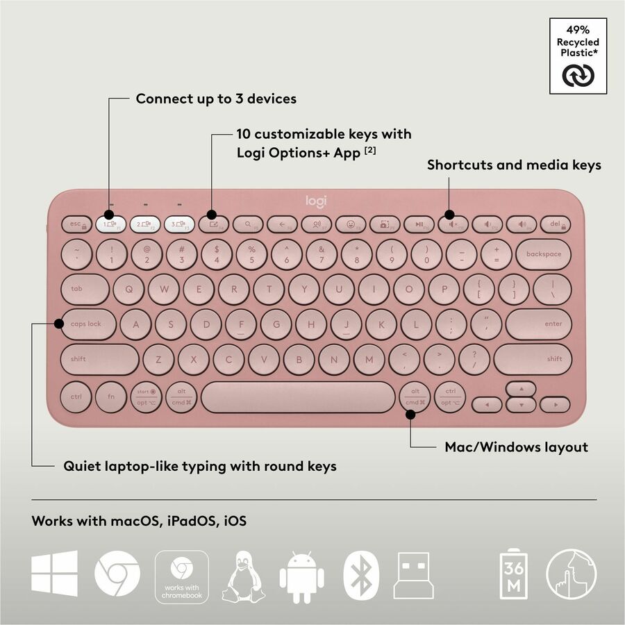 Logitech Pebble 2 Combo, Wireless Keyboard and Mouse, Quiet and Portable, Customizable, Logi Bolt, Tonal Rose