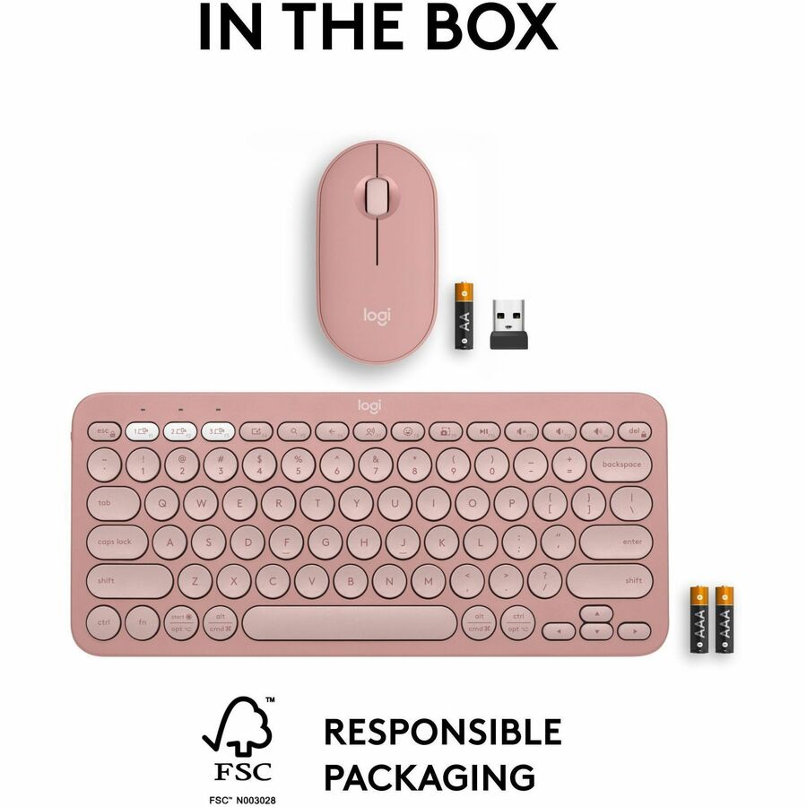 Logitech Pebble 2 Combo, Wireless Keyboard and Mouse, Quiet and Portable, Customizable, Logi Bolt, Tonal Rose