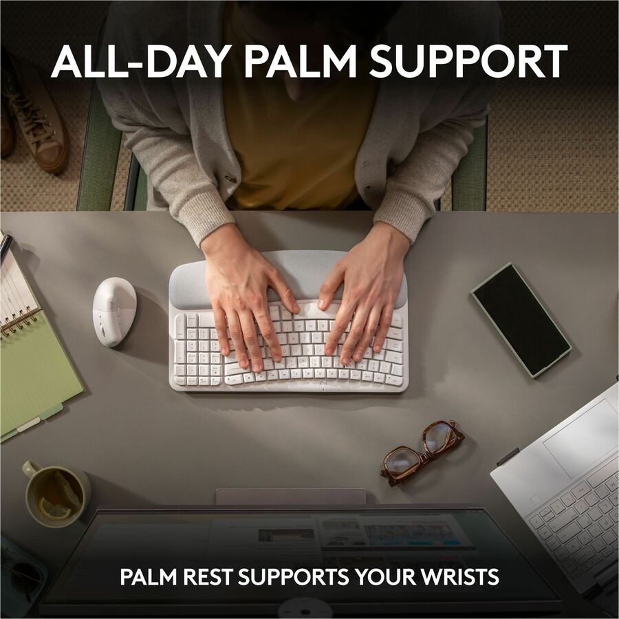 Logitech Wave Keys Wireless Ergonomic Keyboard with Cushioned Palm Rest, Comfortable Natural Typing, Easy-Switch, Off White