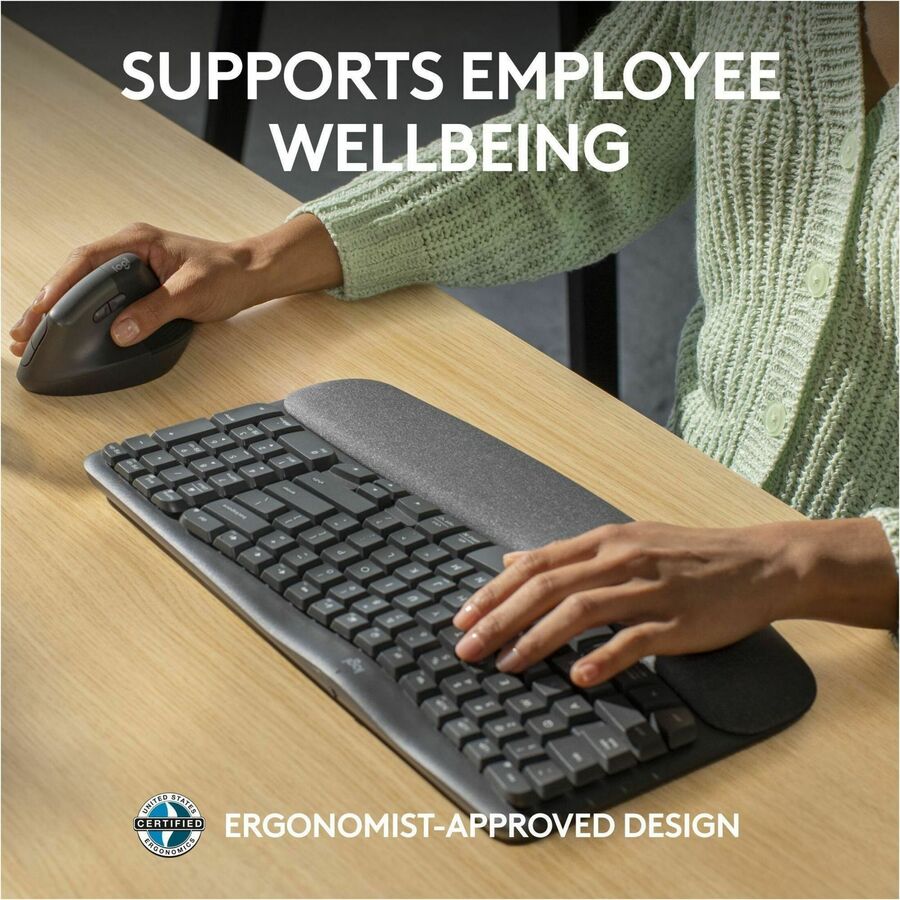 Logitech Wave Keys for Business, Wireless Ergonomic Keyboard with Cushioned Palm Rest, Logi Bolt, Graphite