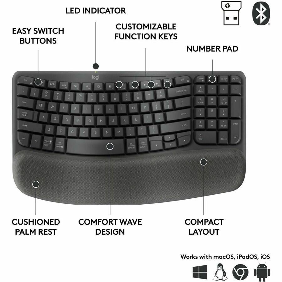 Logitech Wave Keys for Business, Wireless Ergonomic Keyboard with Cushioned Palm Rest, Logi Bolt, Graphite