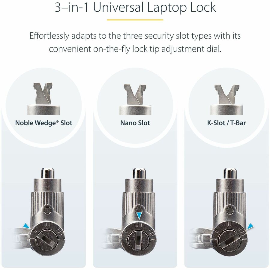StarTech.com Universal Laptop Lock 6.6ft, Security Cable For Notebook Compatible w/Noble Wedge®/Nano/K-Slot; Keyed Locking Cable