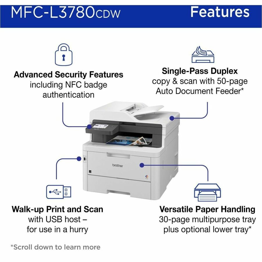 Brother MFC-L3780CDW Wireless Digital Color All-in-One Printer with Laser Quality Output, Copy, Scan, and Fax, Single Pass Duplex Copy and Scan, Duplex and Mobile Printing, Gigabit Ethernet