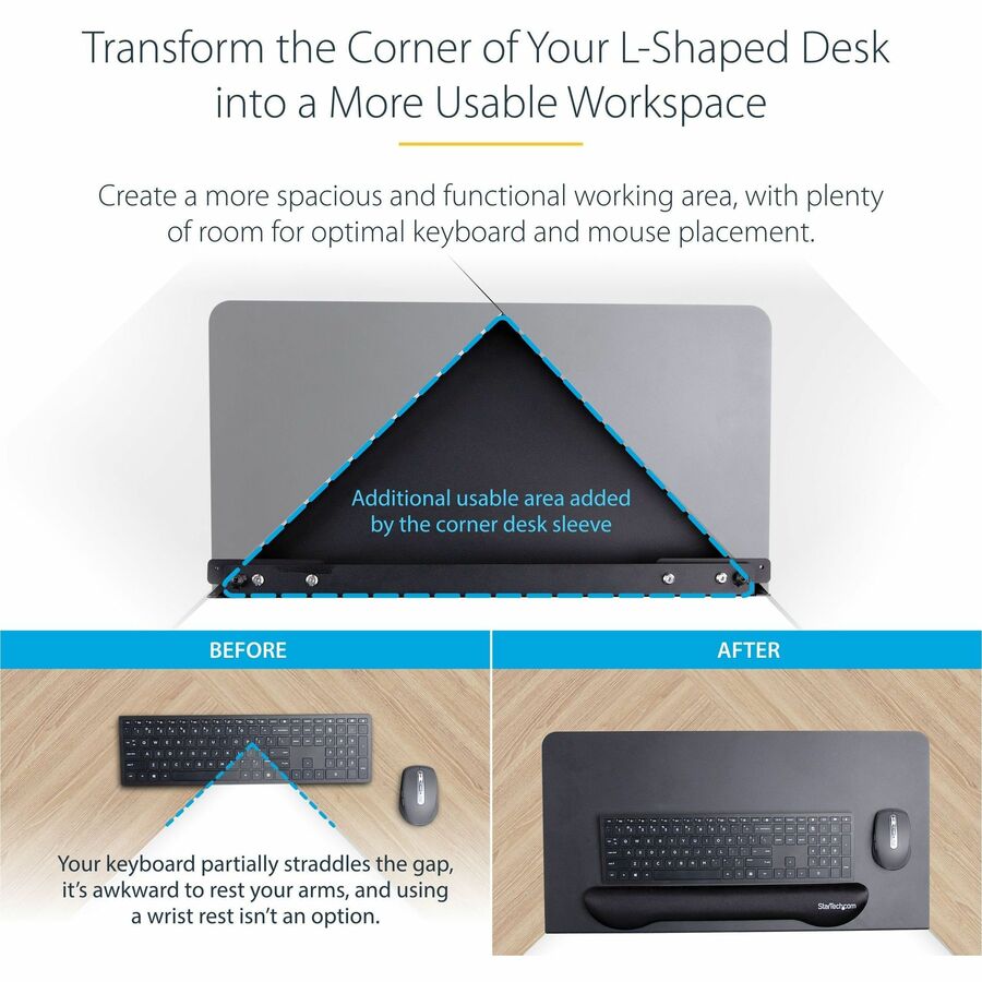 StarTech.com Steel Desk Corner Sleeve, For L-Shaped/Corner Desk, Up to 1.5in (38.1mm) Thick, Increase Space for Keyboard/Mouse, Desk Tray