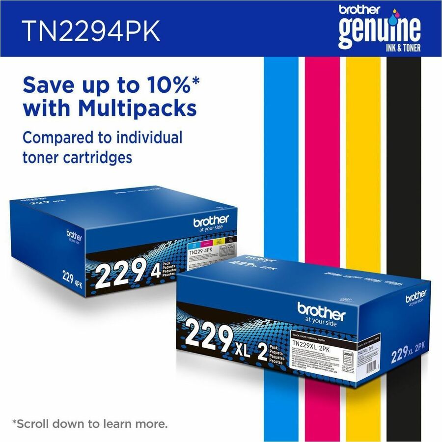 Brother Genuine TN2294PK Standard Yield Toner Cartridge Multipack (Includes 1 cartridge each of Black, Cyan, Magenta, and Yellow Toner)
