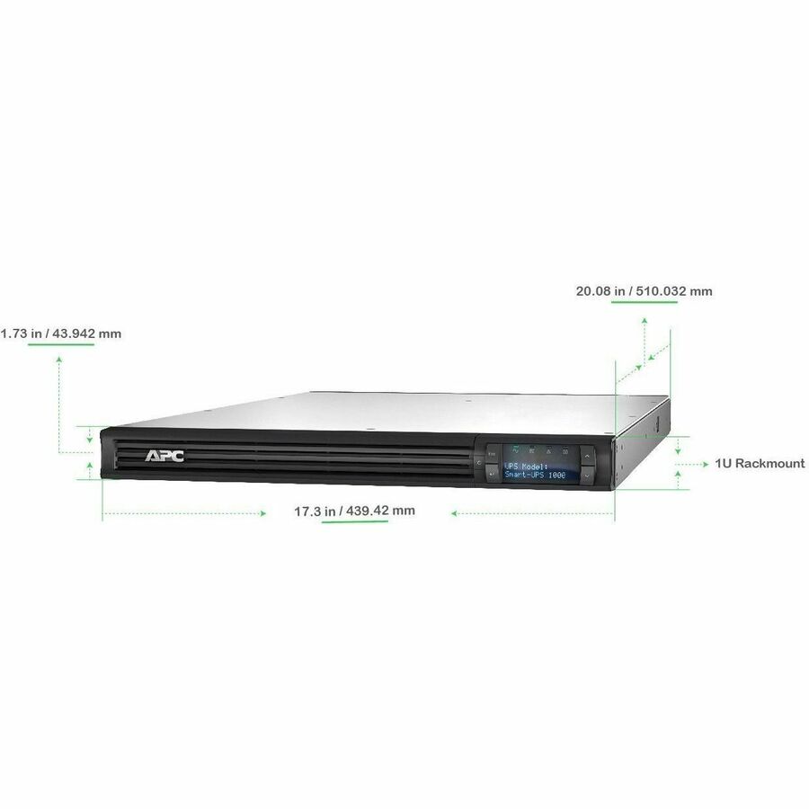 APC Smart-UPS, Line Interactive, 1000 VA, LCD, Rackmount 1U, 120V, 4x NEMA 5-15R outlet, USB, AVR, Short Depth