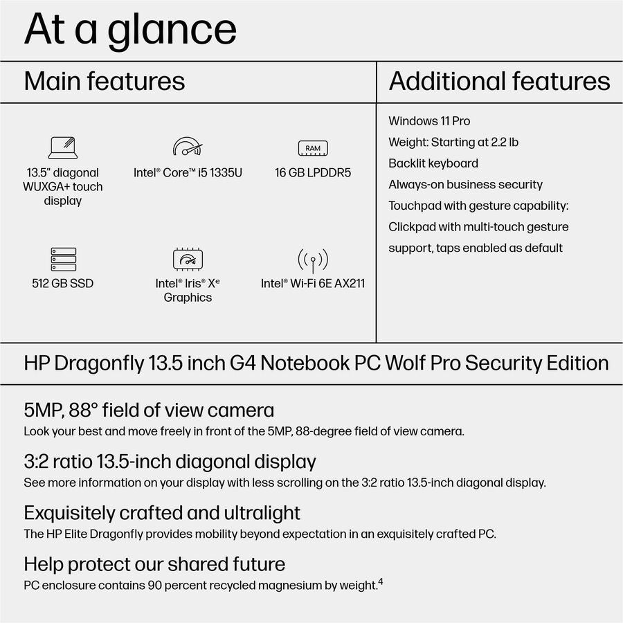 HP Dragonfly G4 13.5" Touchscreen Notebook - WUXGA+ - Intel Core i5 13th Gen i5-1335U - Intel Evo Platform - 16 GB - 512 GB SSD - English Keyboard - Slate Blue