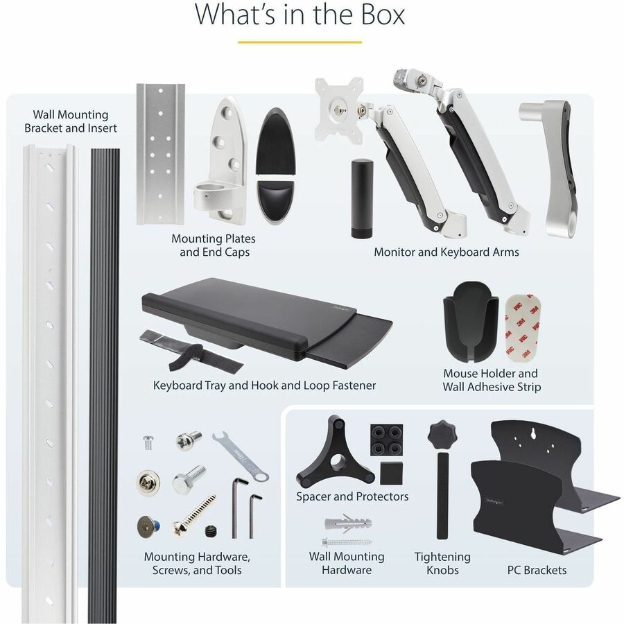 StarTech.com Wall Mount Workstation, VESA Mount 22lb/10kg, Fully Articulating Monitor Mount & Keyboard Tray, Standing Desk w/PC Bracket