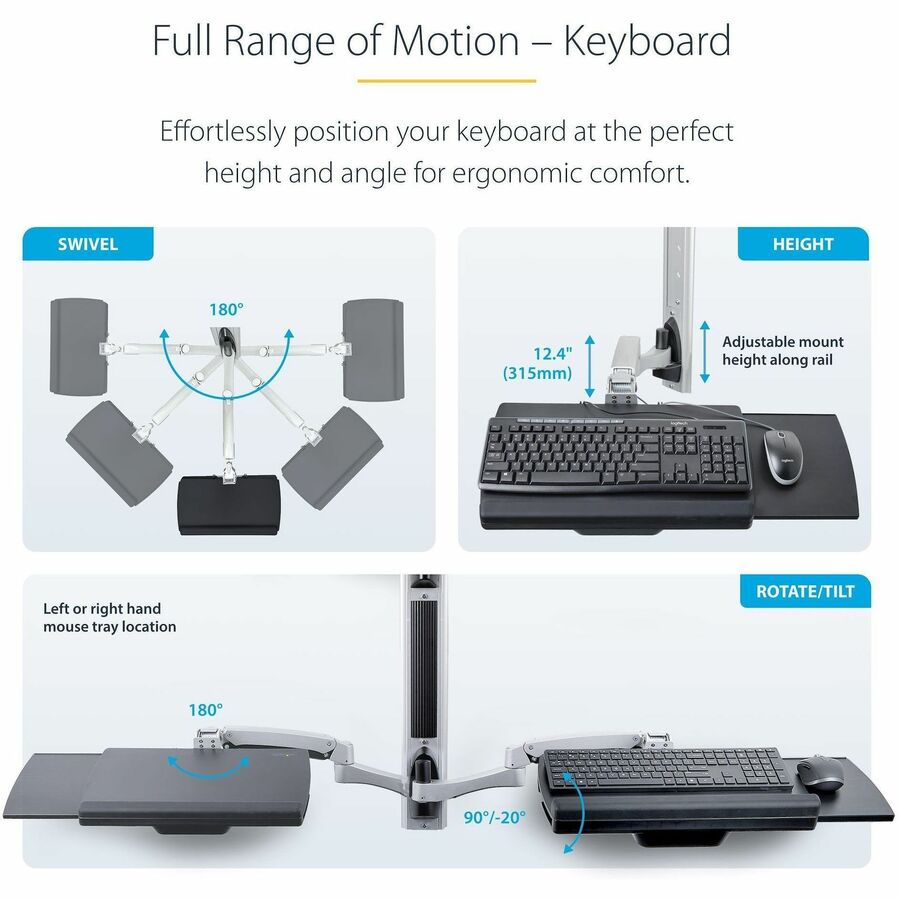 StarTech.com Wall Mount Workstation, VESA Mount 22lb/10kg, Fully Articulating Monitor Mount & Keyboard Tray, Standing Desk w/PC Bracket