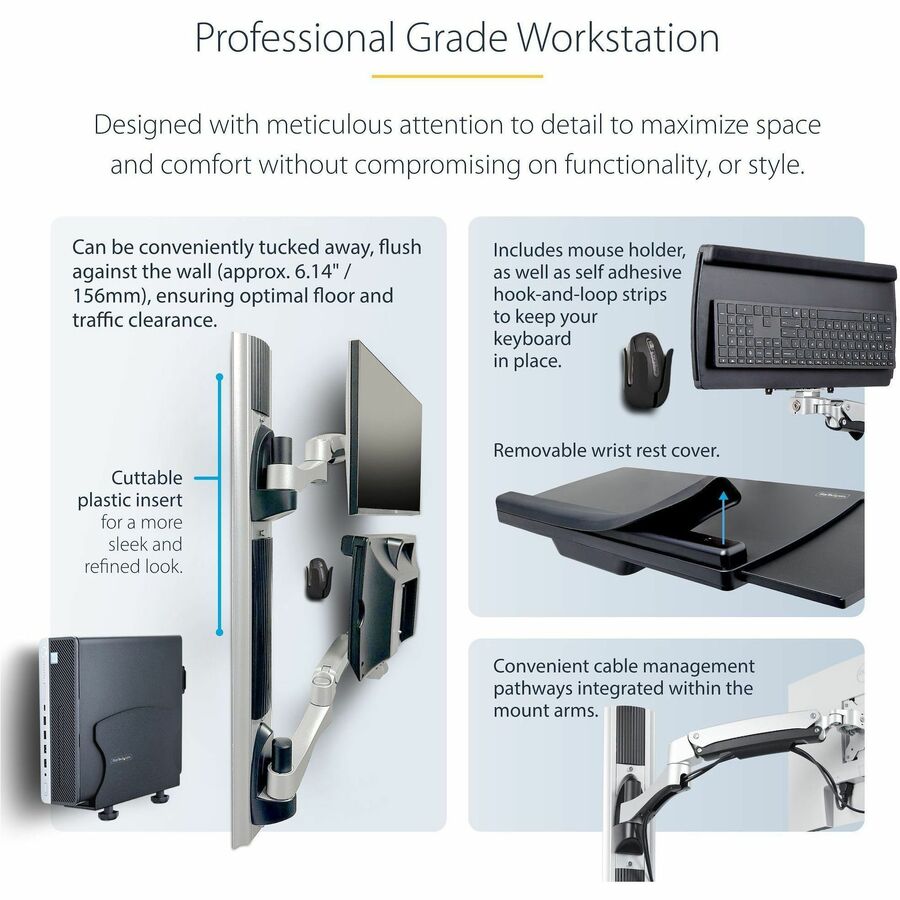 StarTech.com Wall Mount Workstation, VESA Mount 22lb/10kg, Fully Articulating Monitor Mount & Keyboard Tray, Standing Desk w/PC Bracket