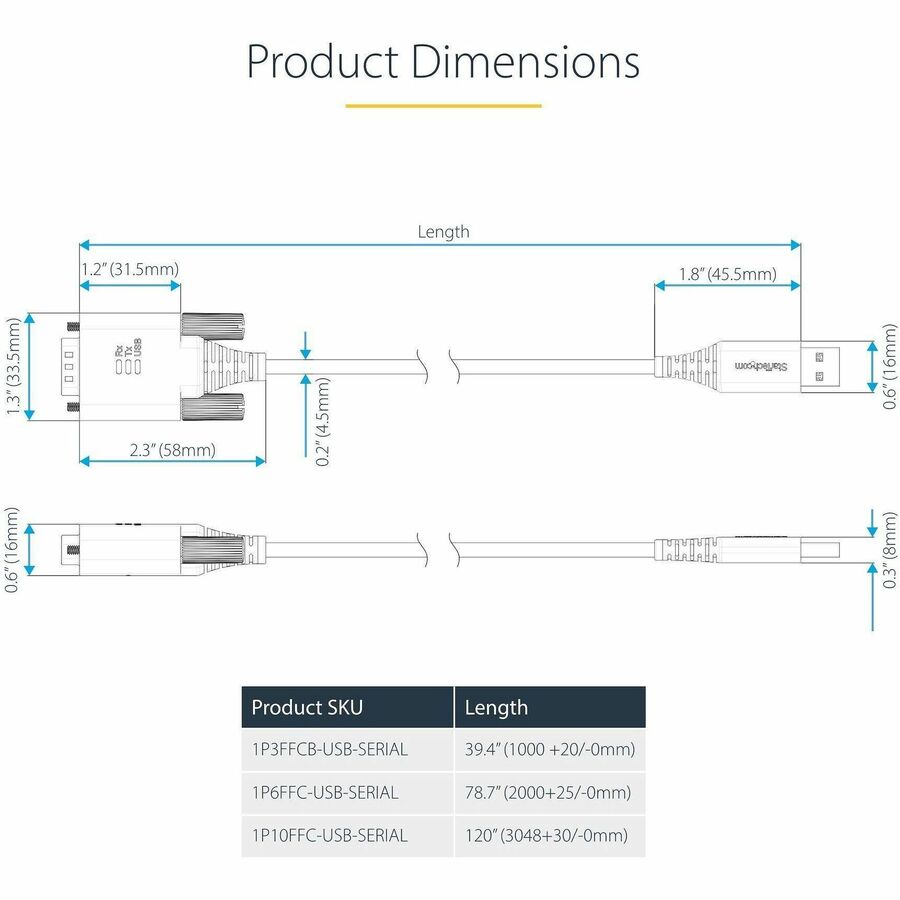 StarTech.com 10ft (3m) USB to Serial Adapter Cable, COM Retention, FTDI, DB9 RS232, Interchangeable DB9 Screws/Nuts, Windows/macOS/Linux