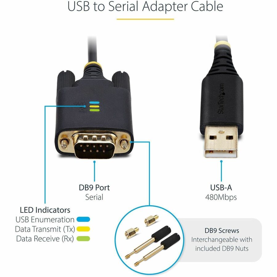 StarTech.com 10ft (3m) USB to Serial Adapter Cable, COM Retention, FTDI, DB9 RS232, Interchangeable DB9 Screws/Nuts, Windows/macOS/Linux