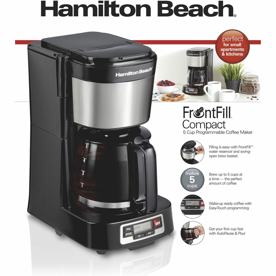 Hamilton Beach FrontFill 5 Cup Compact Coffee Maker with Programmable Clock & Glass Carafe