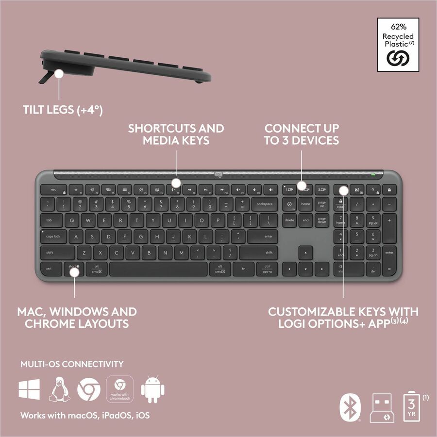 Logitech Signature Slim K950 Wireless Keyboard, Sleek Design, Quiet Typing, Bluetooth, Multi-OS, Graphite