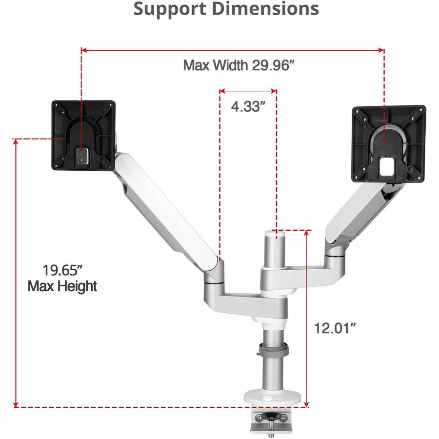 SIIG MTPRO Desk Mount Dual Monitor Arm - up to 32" Display, Max. Load 19.8 lbs, VESA 75/100mm, Mechanical Spring Design
