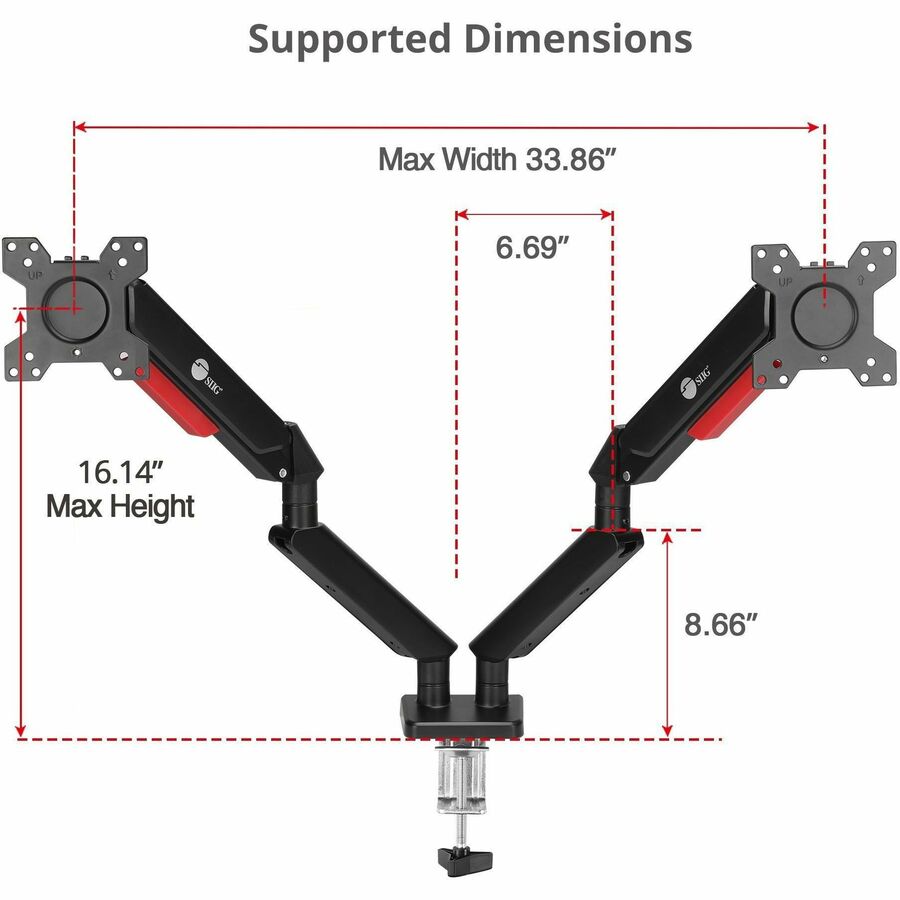 SIIG Dual Monitor Gas Spring Arm Desk Mount - 13" to 32" - Max Load 22 lbs - VESA 75/100mm