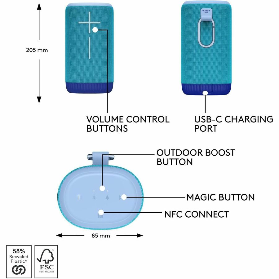 ULTIMATE EARS EVERBOOM Wireless Bluetooth Portable Speaker, Big Bass and Immersive 360-Degree Sound, Floatable Waterproof Speaker IP67, up to 20-Hour Battery and 180 ft (55 m) Range, Blue
