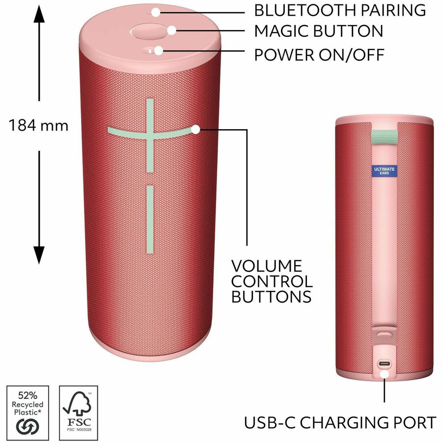 Ultimate Ears BOOM 4 Portable Waterproof Bluetooth Speaker With 360-Degree, Bold, Immersive, Crystal-Clear Sound, Floating Speaker With 15-Hour Battery and 147ft (45m) Range, Red