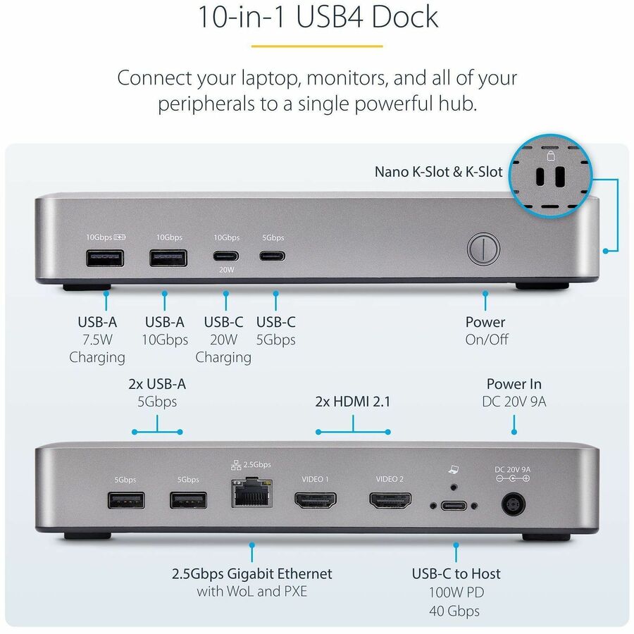 StarTech.com USB4 Docking Station, USB-C 40Gbps, up to Dual 4K 60Hz HDMI, Multi-Monitor Dock, 6-Port USB Hub, 2.5GbE, 100W Power Delivery