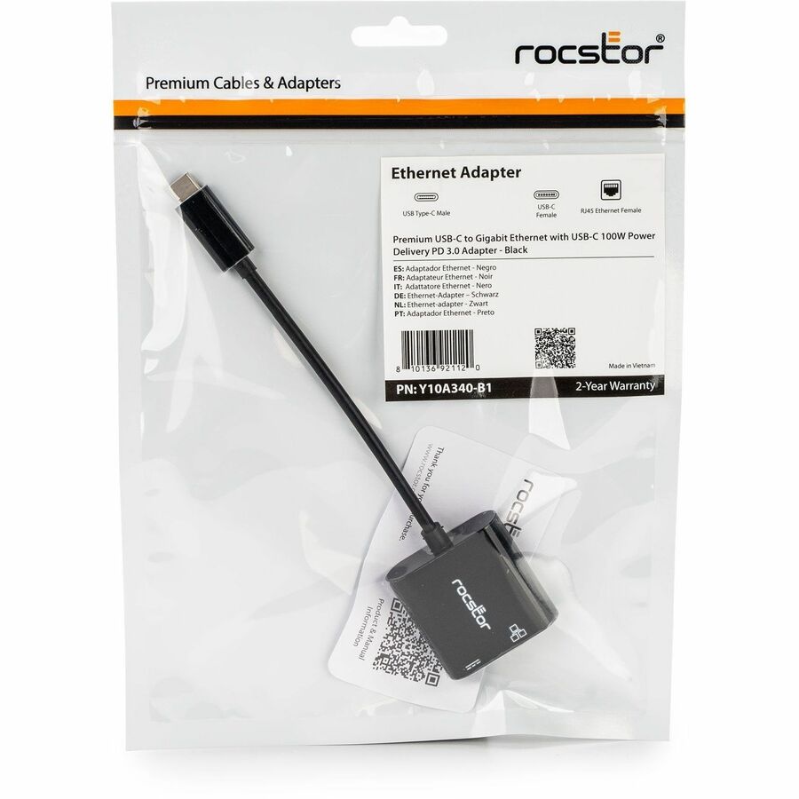 Rocstor Premium USB-C to Gigabit Ethernet with USB-C 100W Power Delivery PD 3.0 Adapter