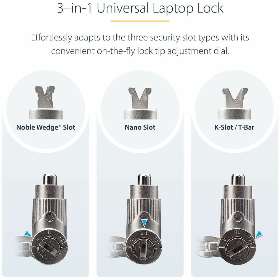 StarTech.com 3-in-1 Universal Laptop Lock 6.6ft, Master Keyed Locking Cable, Security Cable, Compatible w/Noble Wedge®/Nano/K-Slot