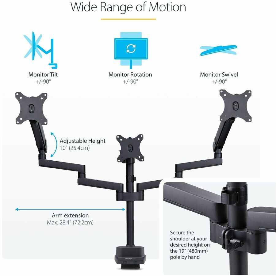 StarTech.com Triple Monitor Desk Mount For Up To Three 27in Screens, VESA 75x75/100x100, Tool-Less Arm Adjustments, C-Clamp/Grommet