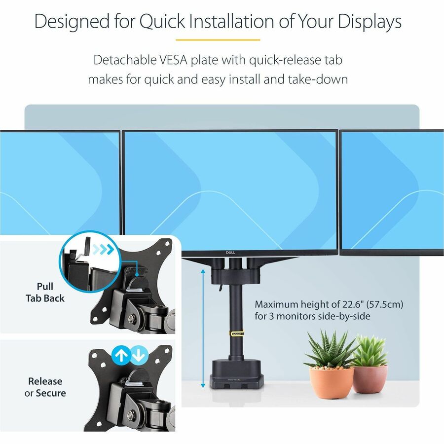 StarTech.com Triple Monitor Desk Mount For Up To Three 27in Screens, VESA 75x75/100x100, Tool-Less Arm Adjustments, C-Clamp/Grommet