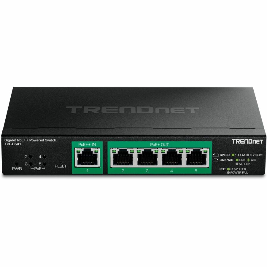 TRENDnet 5-Port Gigabit PoE++ Powered Managed Switch with PoE Passthrough, TPE-B541, 1 x Gigabit PoE++ Input, 4 x Gigabit PoE+ Output, 60W PoE Budget, NDAA TAA Compliant, Lifetime Protection