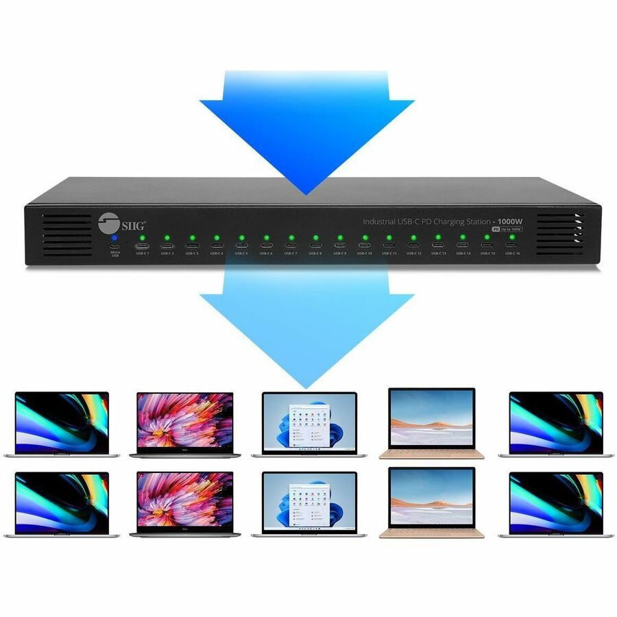 SIIG 16-Port Industrial USB-C PD Charging Station - 1000W - up to 10 USB-C 100W - up to 16 USB-C 60W
