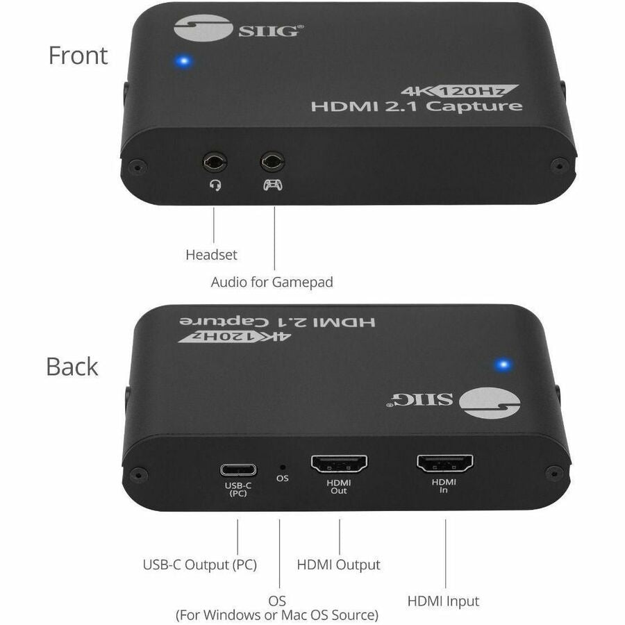 SIIG 4K120Hz HDMI 2.1 Capture Device for Gaming and Streaming - 4K60Hz Capture - 4K 120Hz/144Hz Loopout - USB-C 10Gbps - TAA Compliant