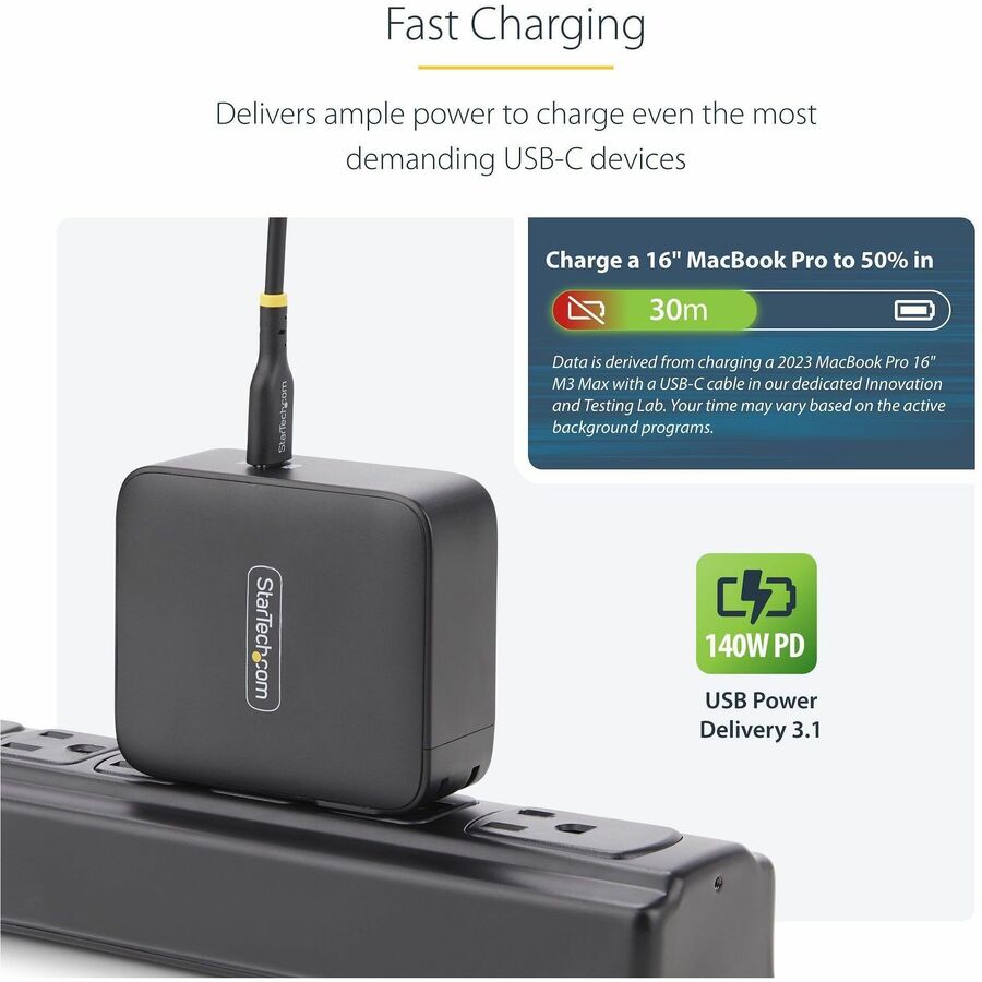 StarTech.com 140W USB-C Wall Charger, USB-IF Certified, PD 3.1 Portable GaN Charging Power Adapter, 6ft/1.8m USB-C to USB-C Cable
