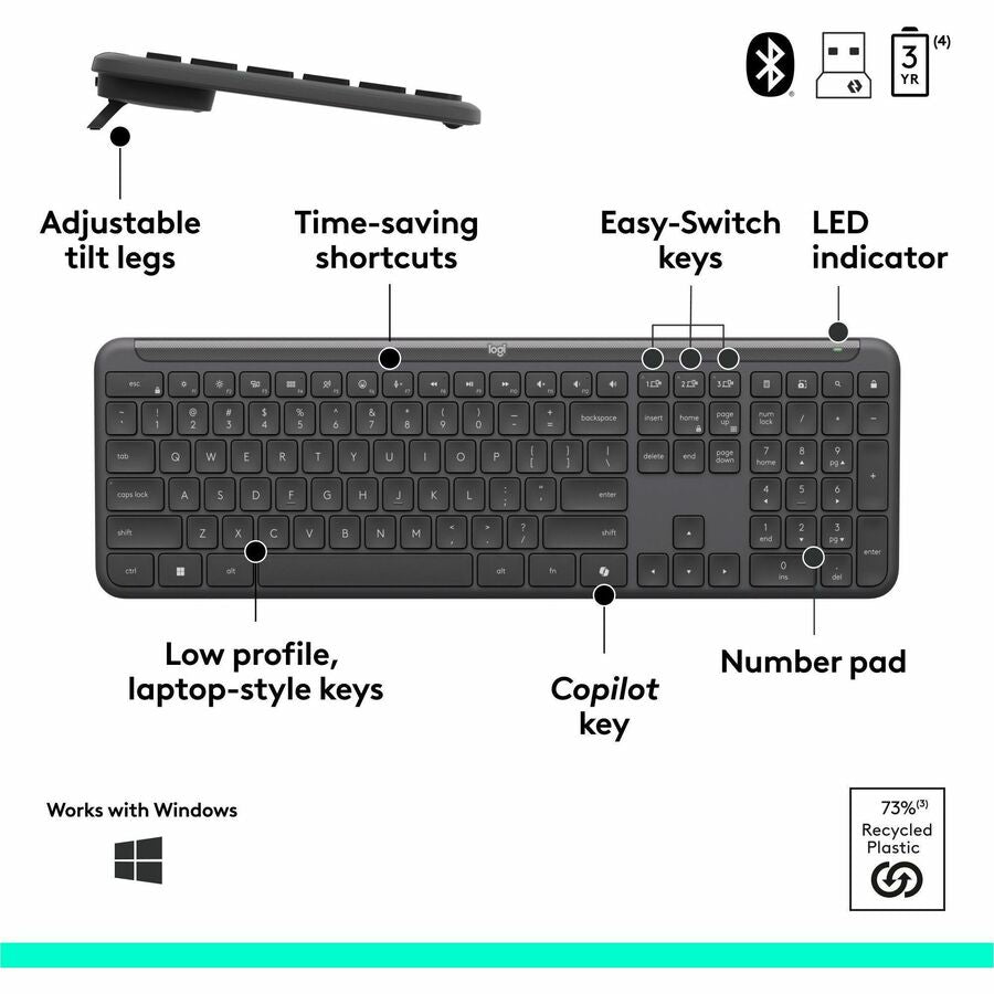 Logitech Signature Slim MK955 Combo for Business, Copilot Edition, Wireless Keyboard and Mouse, Graphite
