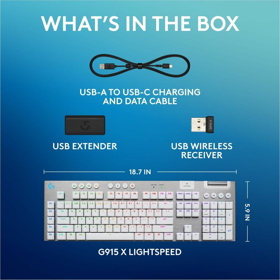 Logitech G915 X LIGHTSPEED Low-Profile Wireless Gaming Keyboard, Double-Shot PBT Keycaps, Fully Programmable Keys, RGB Backlighting, Sleek Aluminum Finishing, GL Brown Tactile Switches - PC/Mac (White)