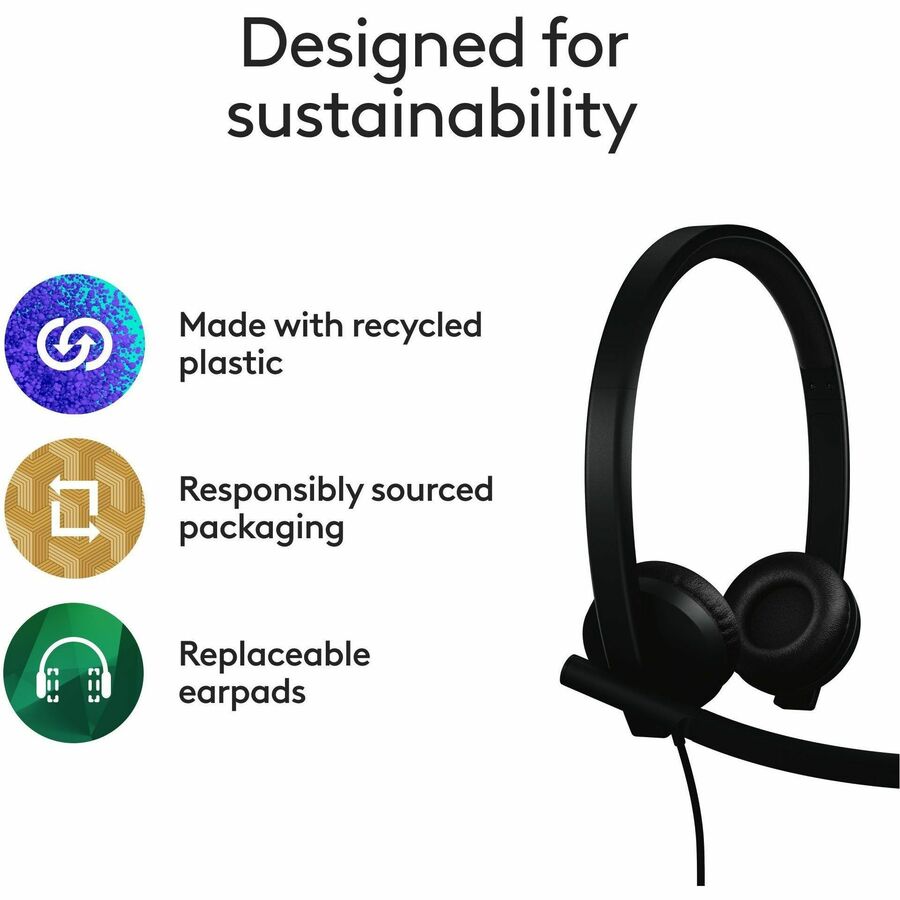 Logitech H570e USB Wired Stereo Headset, USB-A, Noise-Canceling Mics, Inline Controls, Certified for Microsoft Teams, Black