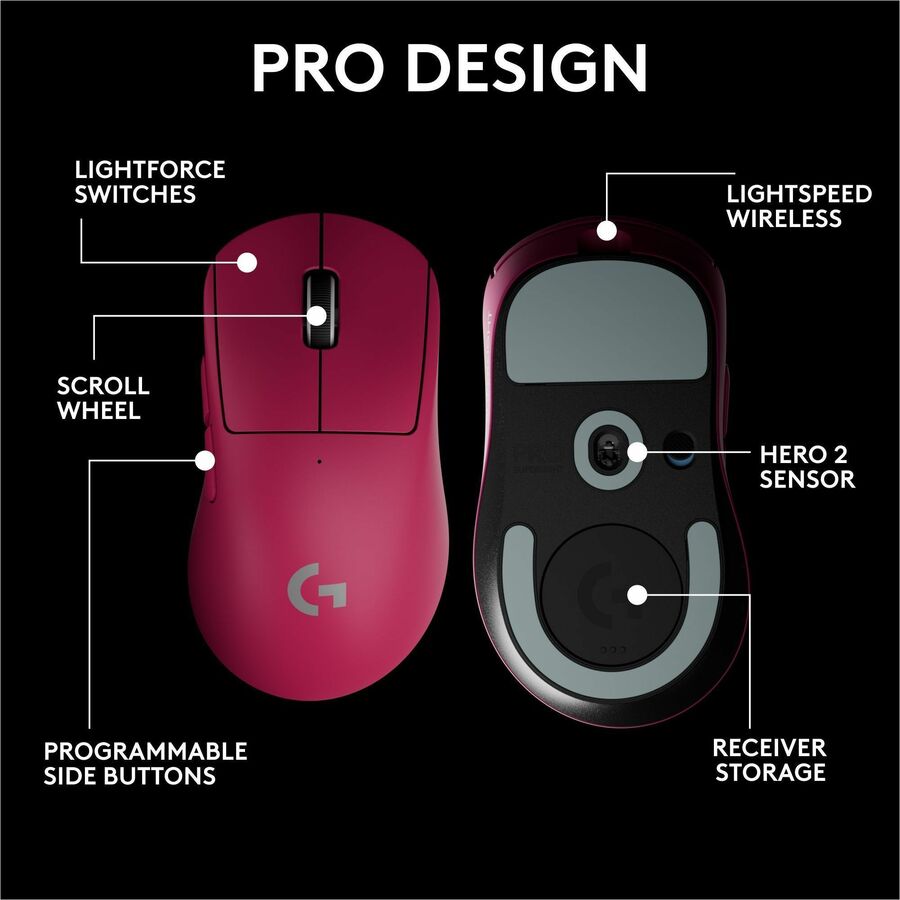 Logitech G PRO X SUPERLIGHT 2 DEX LIGHTSPEED Wireless Gaming Mouse, 60g Pro-Grade Lightweight Mouse With 5 Programmable Buttons, 32k DPI Sensor, USB-C Charging, for PC/Mac - Magenta