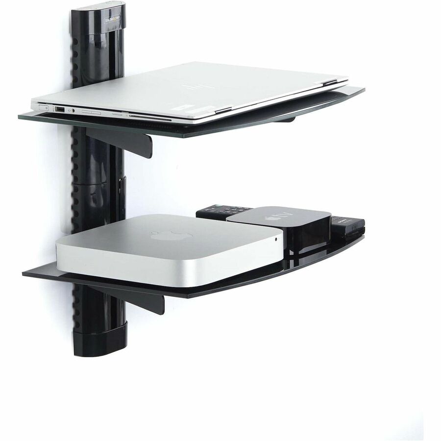 StarTech.com Dual Floating Wall-Mounted AV Shelves, Adjustable Height Shelf For Under TV A/V Equipment, Black Tempered Glass Shelves