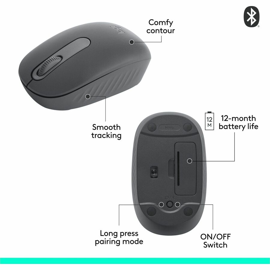Logitech M196 Bluetooth Wireless Mouse, Compact and Portable Mouse for Laptops, Tablets and More, 12-Month Battery, Smooth Tracking, Compatible With PC and Mac, Windows and macOS (Graphite)