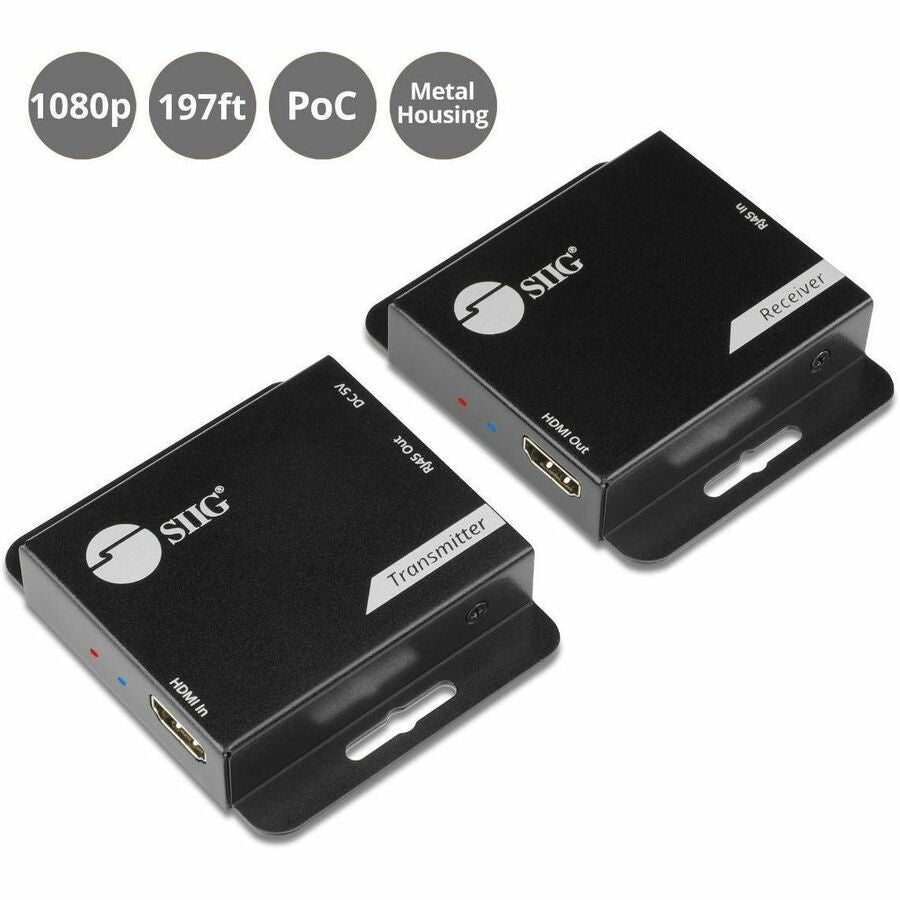 SIIG HDMI Over Cat6 Extender - 60m - 1080p - PoC - Metal Housing
