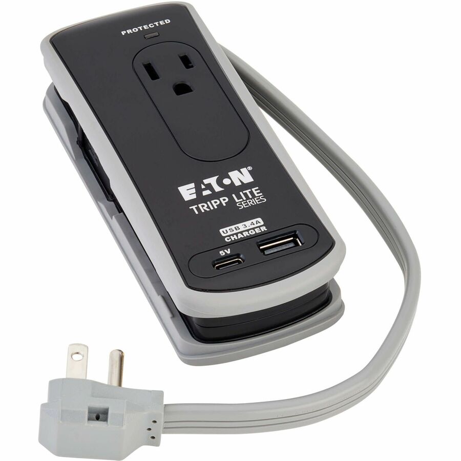 Eaton Tripp Lite Series Protect It! 2-Outlet Travel-Size Surge Protector - 5-15R Outlets, USB-C and USB-A Ports, 5-15P Input, Black