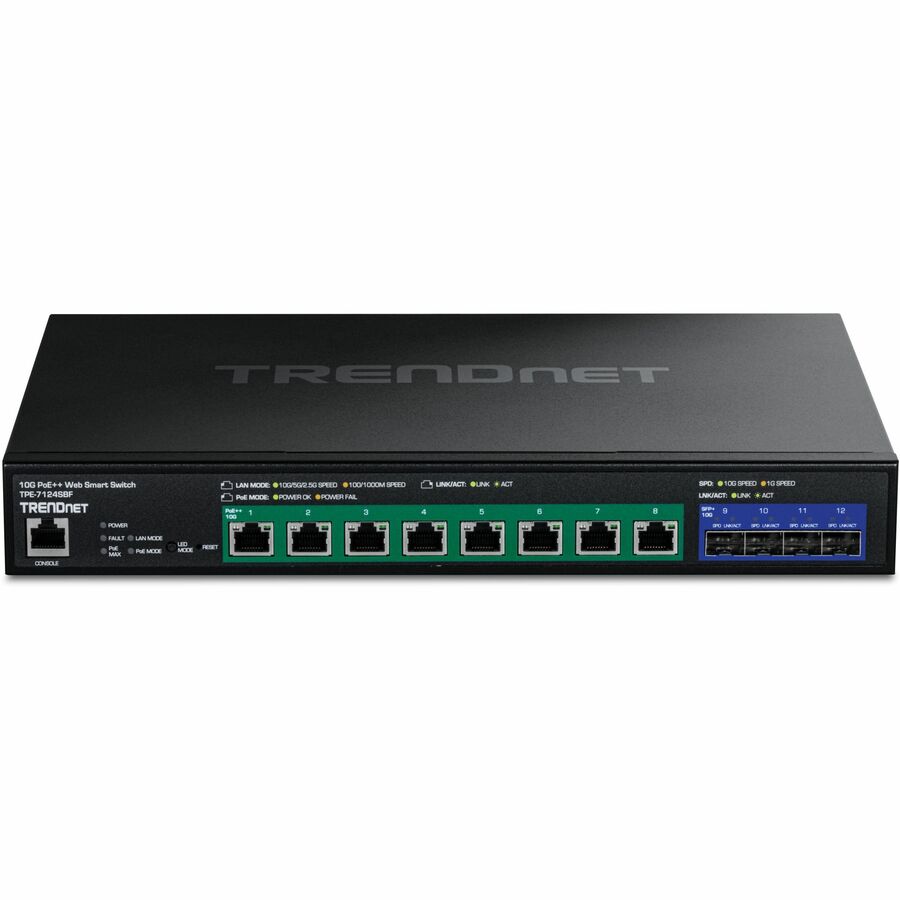 TRENDnet 12-Port 10G PoE++ Web Smart Switch, TPE-7124SBF, 720W PoE Power Budget, 8 x 10G PoE++ Ports, 4 x 10G SFP+ Ports, NDAA TAA Compliant, 1U 19" Rack Mountable, Lifetime Protection