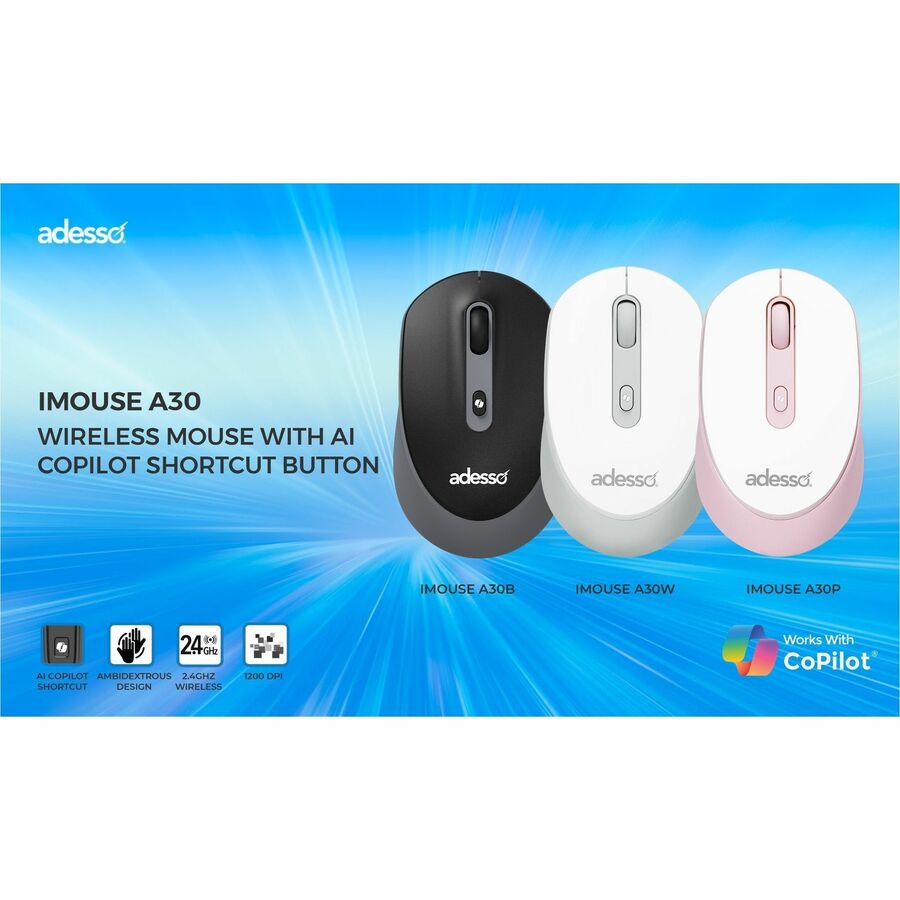 Adesso Wireless Mouse with AI CoPilot Shortcut Button (White)