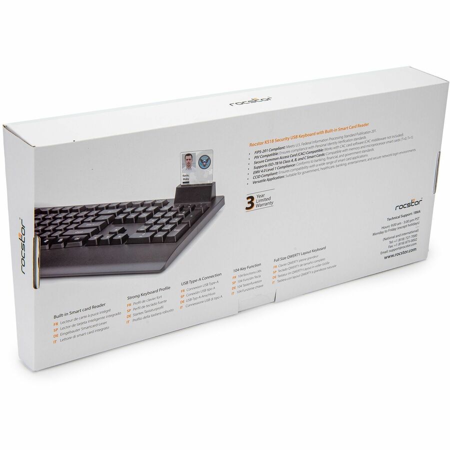 Rocstor KS18 Security USB Keyboard with Built-in Smart Card Reader -104 Keys