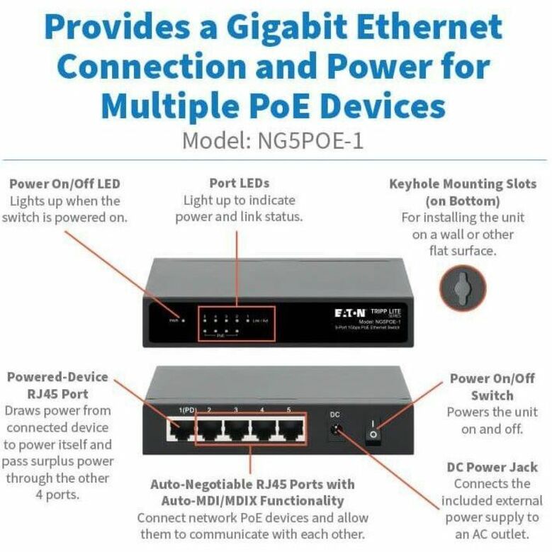 Eaton Tripp Lite Series 5-Port 10/100/1000 Mbps PoE-Powered Desktop Gigabit Ethernet Unmanaged Switch with PoE+ Pass-Through, 65W, Metal Enclosure