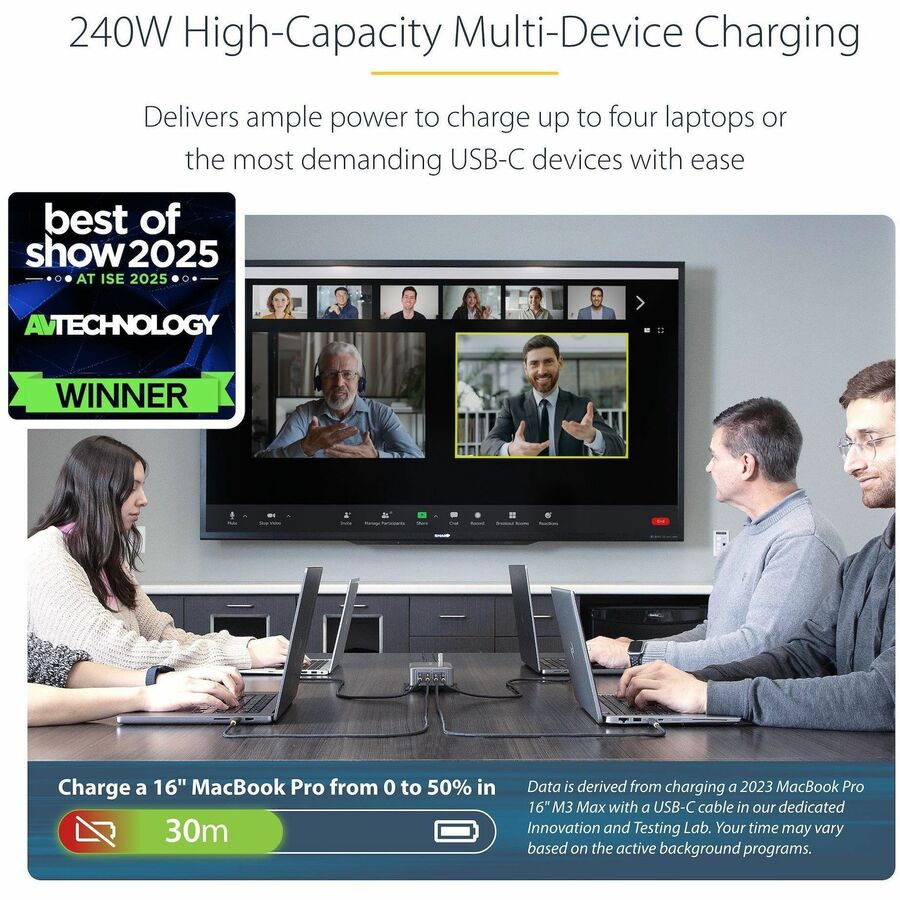 StarTech.com 4-Port Multi-Device USB-C Charger, 240W Total, Single Port 140W EPR, Screw Locking Ports, Ideal for Boardrooms