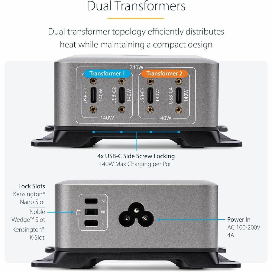 StarTech.com 4-Port Multi-Device USB-C Charger, 240W Total, Single Port 140W EPR, Screw Locking Ports, Ideal for Boardrooms