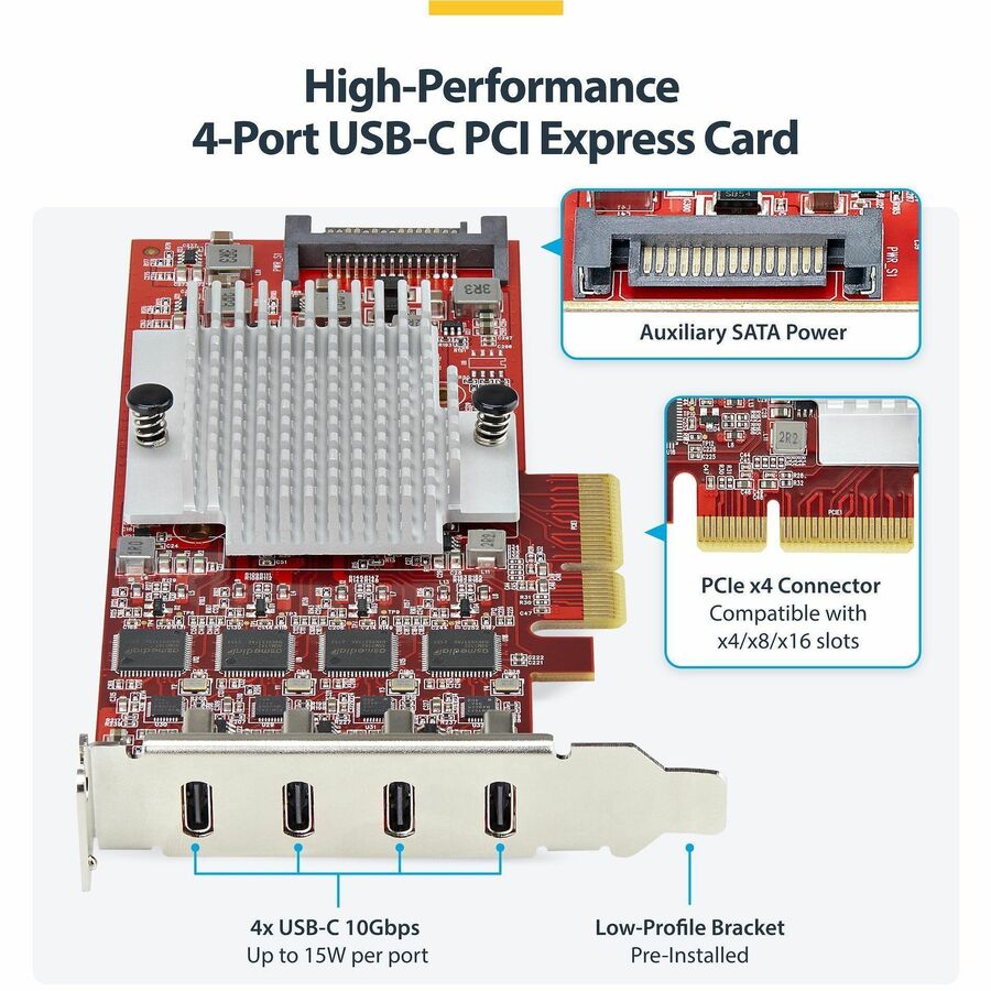 StarTech.com 4-Port USB Type-C PCIe Card, USB 3.2 10Gbps, USB-C PCI Express Expansion Card, 4x Independent USB Controllers, TAA-Compliant